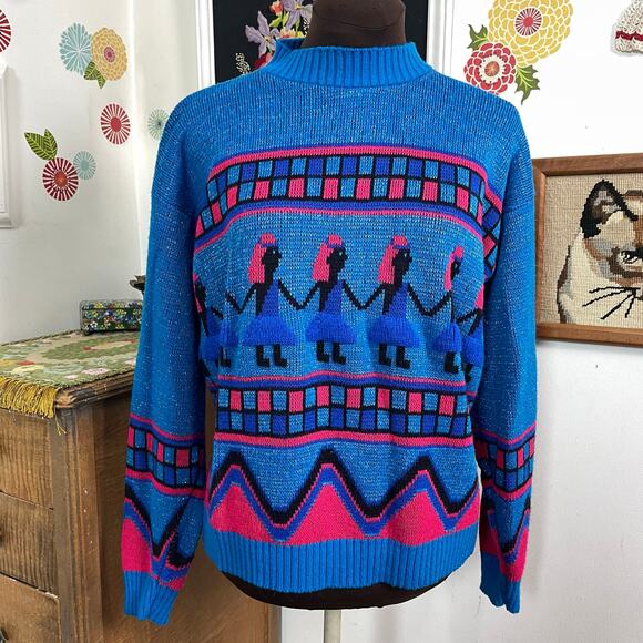 Vintage Metallic Novelty Sweater, 1980s Paper Doll Lady Pullover, Sz L-XL - Picture 5 of 12